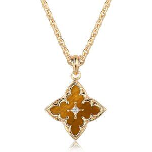 Gold Clover Necklace Women Dainty 14K Gold Brownish Pendant Adjustable Chain